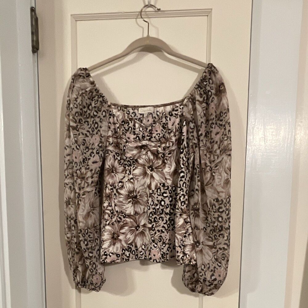 Chenault Women’s  Floral Sheer Chiffon Smocked Blouse M Puff Sleeve